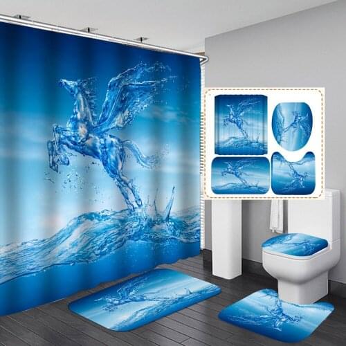 Shower Curtain Cover Bathing Luxury Flying Horse 4PCS Set High End Waterproof Polyester Toilet Mat Pad Bathroom Use Decoration
