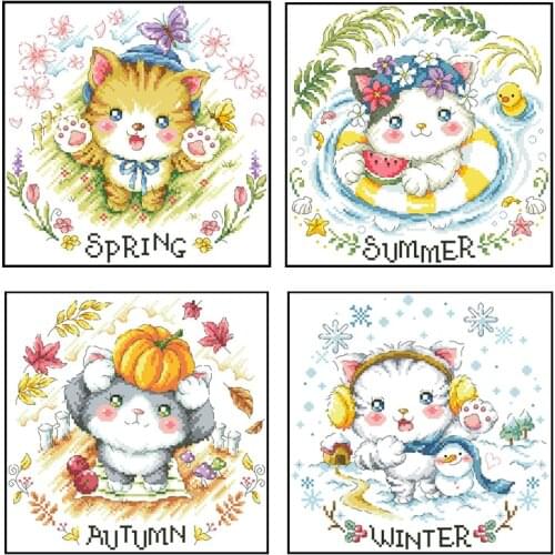 Four Seasons Kittens Counted Cross Stitch Patterns Kits Printed Canvas Embroidery Needlework Sets 11CT 14CT DIY Crafts Paintings