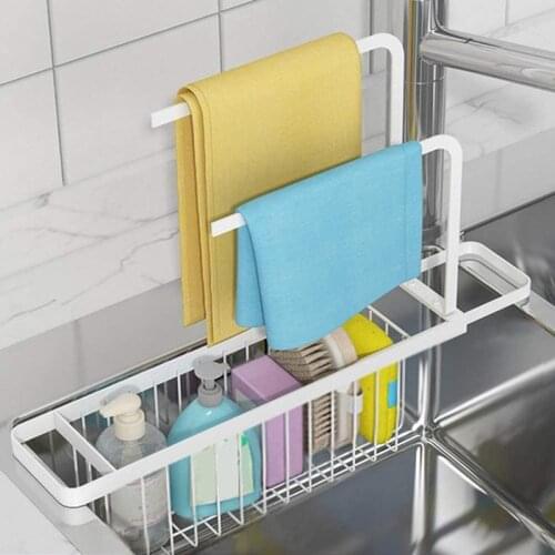 Hot Adjustable Carbon Sink Drain Rack Sponge Soap Basket Sponge Holder with Towel Rack for Home Kitchen Telescopic