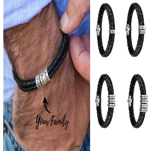 Customized Family Name Bracelet Men Women Fashion Leather Weaving Couples Stainless Steel Jewelry Grunge Trinket Trend Gifts