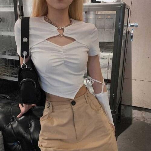 Summer New Sexy Women Crop Top Y2K Harajuku Hollow Out Short Solid Color Tops Slim Streetwear Casual Thin Women T-shirt Top