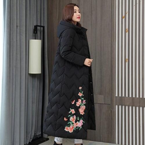 New Chinese Style Womens Winter Jacket X-long Hooded With Embroidery Woman Parkas Loose Stand Collar Single Breasted Thick Coat