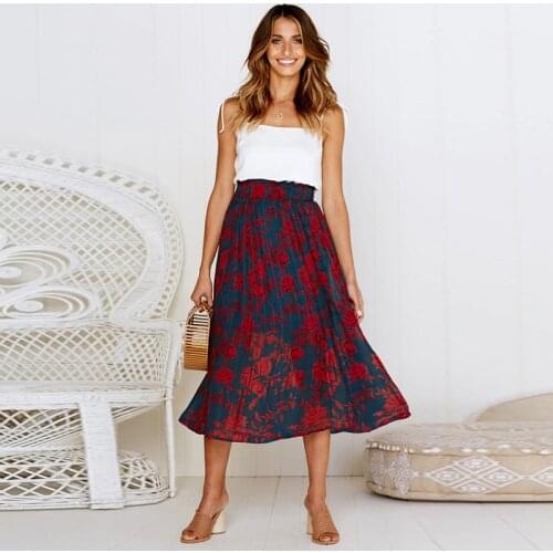 Black Dots Floral Print Pleated Midi Skirt Summer Elegant Female Ladies Women Mid-length Elastic High Waist Side Pockets Skirts