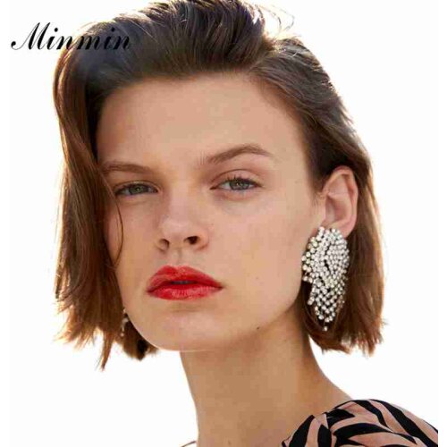 Minmin Luxury Wedding Crystal Tassel Earrings for Women Geometric Colorful Rhinestone Big Dangle Earrings Korean Jewelry MEH1247