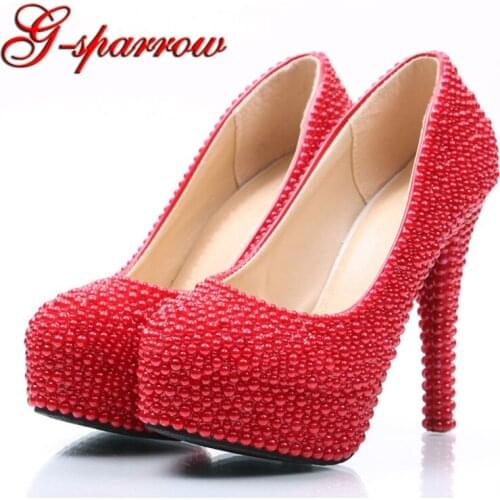 New Design Handmade Mom Party High Heels Red Wedding Shoes Rhinestone Bridal Dress Shoes Red Pearl Prom Party Pumps Plus Size 45