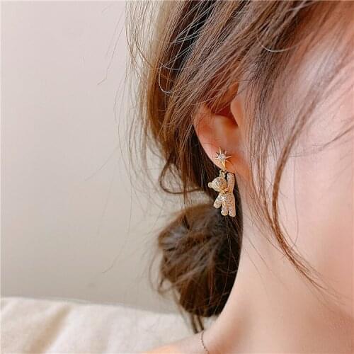 New Korea sterling Rhinestone Cute Bear Earrings Simple Elegant Temperament Pendients For Women Jewelry