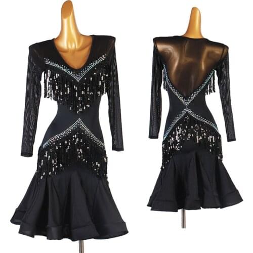 New Latin Dance Dress For Women Adult/Kids Custom Made Long Sleeve Fringe Performance Dress Rumba Tango Samba Clothing DQL5390