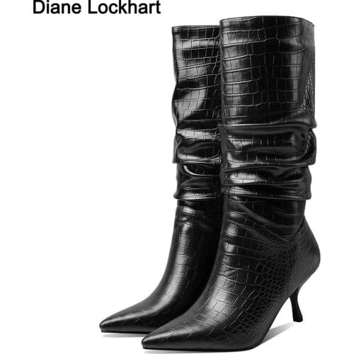 Sexy Stiletto Pleated Boots Women Winter Thin High Heels Ladies Fall Pointed Toe Knee Boots Woman Chic Night Club Shoes 42