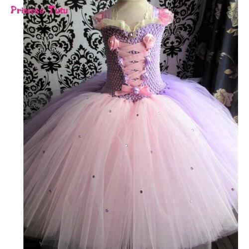 Pink Lavender Girls Long Hair Princess Dress Children Party Wedding Ball Gown Kids Tutu Dresses For Girls Halloween Costume 1-14