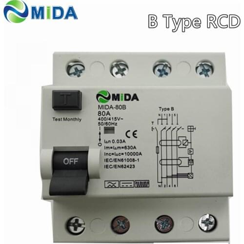 RCCB 10KA 4Pole 30mA Type B RCD 40A 63A 80A B Type RCCB MIDA-80B for EV Charger Station