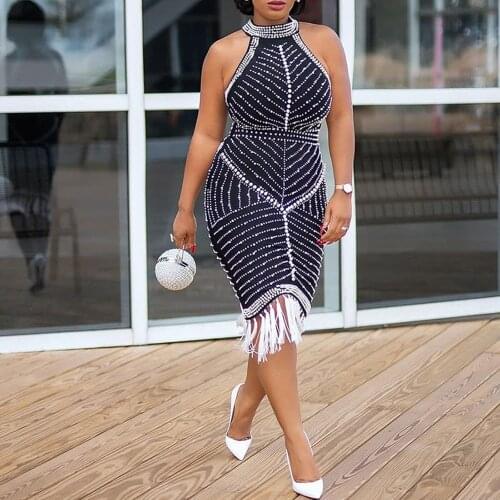 Sexy Dresses Party Night Club Halter Backless Women Mini Robe African Ladies Luxury Tight Beading Rhinestone Tassel Short Dress