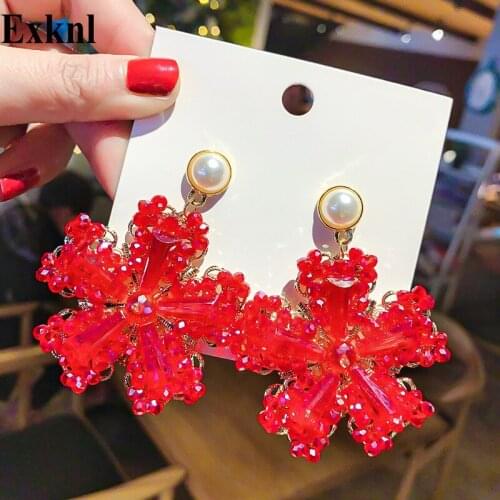 Exknl Rhinestone Big Flower Drop Earrings Women Statement Christmas Earing Dangle Party Long Red Earrings for Women Jewelry
