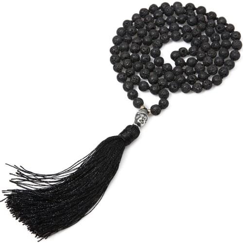 Showboho Black Lava Stone Necklace Men Classic Buddha Pendants Necklaces Handmade Long Tassel Meditation Jewelry Erkek Joyeria