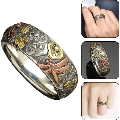 Vintage Carved Ring Unisex Flower Dragonfly Animal Male And Female Rings Party Anniversary Valentines Day Gift Jewelry