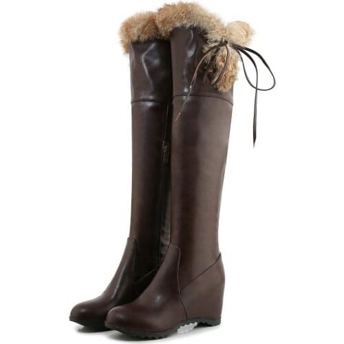 Women Plush Fur Over The Knee Boots Height Increasing Heels Lace Up Zipper Winter Warm Outdoor Snow Boots Footwear Shoes 2020