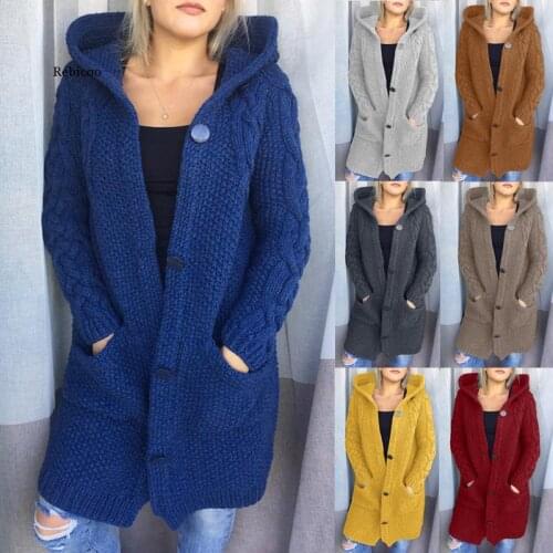 Women Winter Hooded Knitted Cardigan Sweater Long Coat Ladies Elegant Long Sleeve Single Breasted Pocket Knitwear Outwear