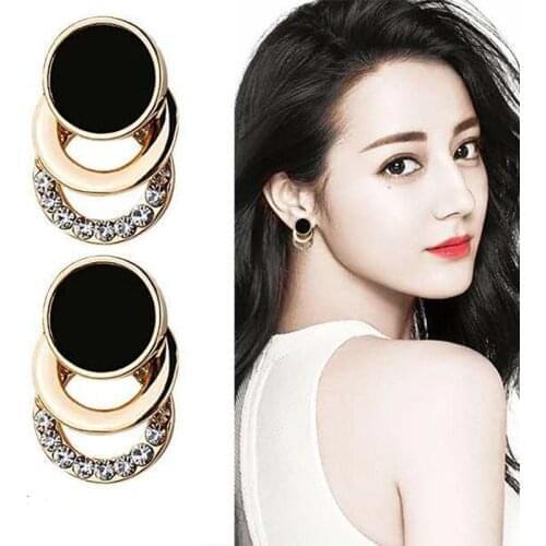 2019 Fashion Stud Earrings Korea Black Gold Color Round Metal 3 Layer Crystal Earrings for Women Rhinestone Bridal Jewelry EB113