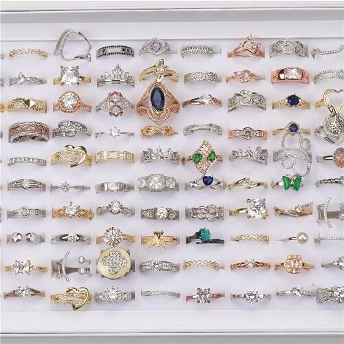 24pcs/lot Fashion Sparkling Micro-inlaid Top Quality Zircon Gold Silver Color Jewelry Rings For Women Mix Style Party Gifts