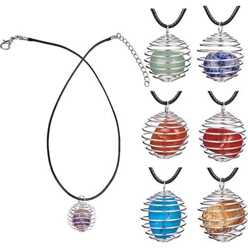 7pcs/lot Healing Crystal Chakra Stone Gem Stone Pendants with Round Iron Spiral Bead Cage Necklace Reiki Energy Set