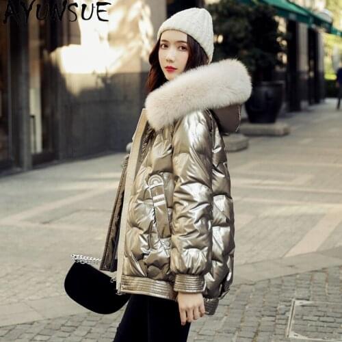 AYUNSUE Womens Down Jacket Hooded Natural Fox Fur Collar Witner Coat Women Glossy Thick Down Jackets for Women Parkas KJ5430