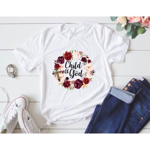 Child of God shirt wreath Christian Color printing graphics Streetwear Female Clothes cotton fashion O NeckShort Sleeve Top Tees