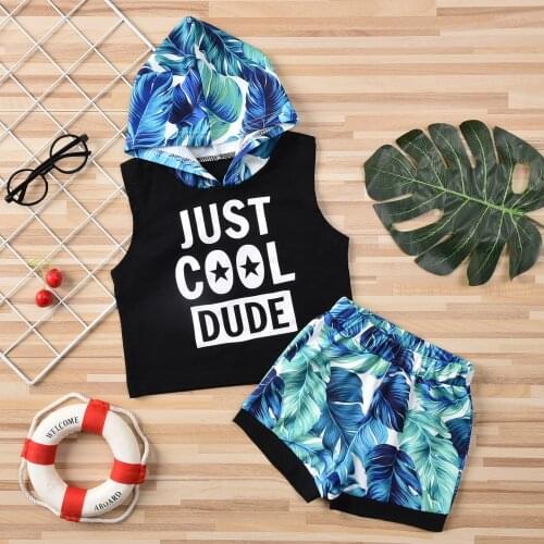 2021 2 Pieces Kids Suit Set Boys Leaf Print Sleeveless Hooded Pullover+Short Pants for Summer Babys Sets for 0-12 Months