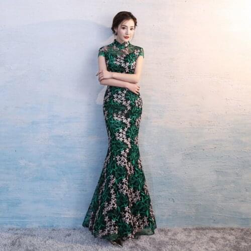 Long Lace Cheongsam Dress Traditional Chinese Dress Ladies green Evening Dresses Vintage Cheongsam Brand Women china dress