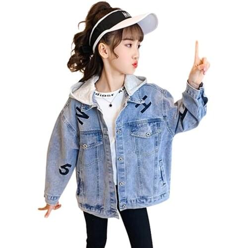 Girls Denim Jacket Coat Letter Coat Girl Patchwork Childrens Coats Casual Style Kids Clothes Girl 6 8 10 12 14
