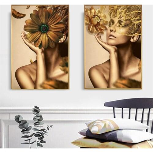 Gold Flowers Modern Nude Woman Oil Painting on Canvas Posters and Prints Cuadros Wall Art Pictures for Living Room Home Decor
