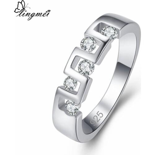 Lingmei New White Zircon Round Dazzling Womens Fashion Silver Color Ring Size 6 7 8 9 Jewelry for Lovers Couple Wedding Gift