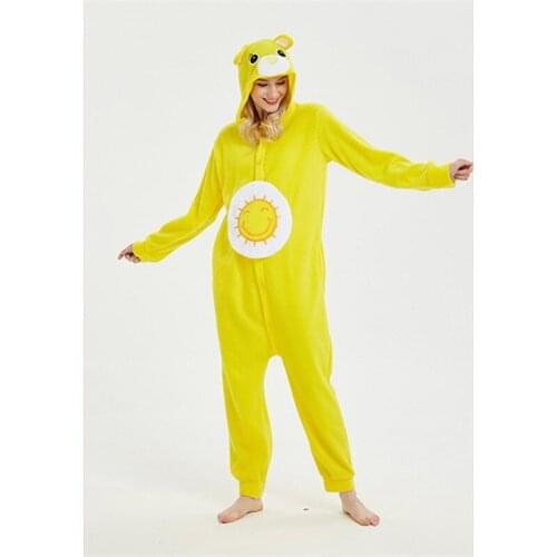 Cute Cartoon Animal Sun Bear Onesies Adults Teenagers Women Hooded Fleece Pajamas Warm Soft Overall Onepiece Night Home Jumpsuit