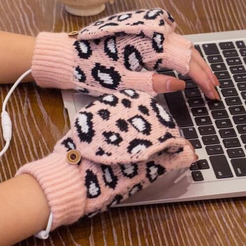 Leopard Knitted USB Heated Unisex Temperature Adjustable Split Finger Gloves