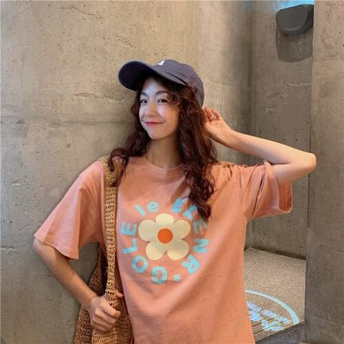 Cute Floral Letter Print T-shirt Womens T-shirts Tops Japanese Kawaii Ladies Ulzzang Female Korean Harajuku Clothes For Women