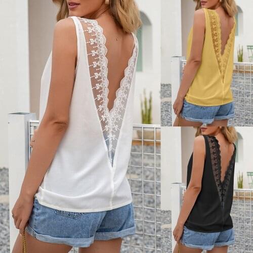 Fashion Women Tank Top Summer Casual T Shirts Sexy Backless Lace Sleeveless Tshirts Hollow Solid Color Tops Ladies Clothing