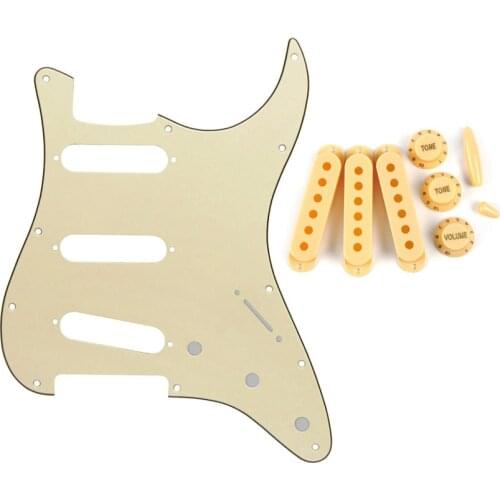 Set of Guitar Parts 11 Holes SSS Strat Guitar Pickguard 50/52/52mm Pickup Covers 2T1V Knobs Switch Tip Whammy Bar Tip Caps