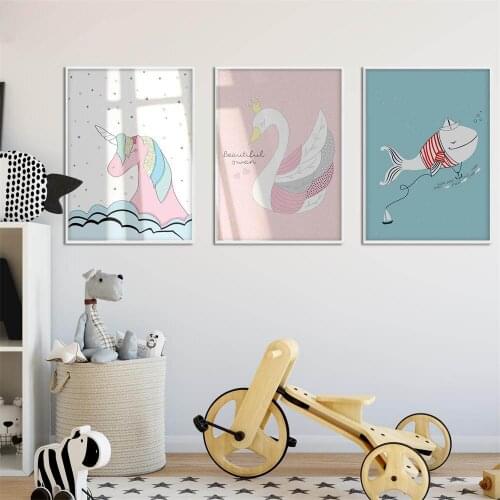 Swan Unicorn Whale Cartoon Poster Wall Art Canvas Prints Minimalist Painting Nursery Pictures Kids Bedroom Decoration Home Decor