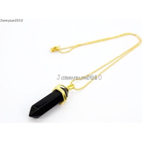 Natural Black Onyx Gems Stones Hexagonal Pointed Healing Reiki Chakra Pendant Beads Gold 17'' Chain Necklace 5 Sets/Pack