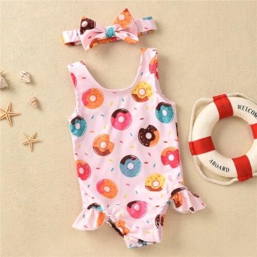 2021 New Baby Girls One-Piece Swimsuit Headband Cute Infant Toddler Ruffles Swimwear Donuts Animal Print Beachwear 0-24M