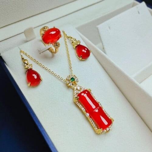 Natural ice carnelian pendant necklace, earrings and ring