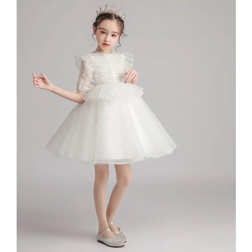 Girl Dresses O-Neck Knee-Length Elegant Short Sleeves Girls Ball Gown White Appliques Pattern Tulle Dress