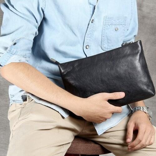 Simple retro mens genuine leather clutch head layer cowhide large-capacity casual multifunctional black mobile phone bag