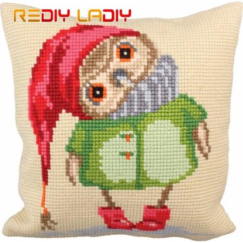 DIY Cross Stitch Cushion Cartoon Owl Needlepoint Kits Pre-Printed Canvas Thick Yarn Cross-stitch Pillow Case Arts and Crafts