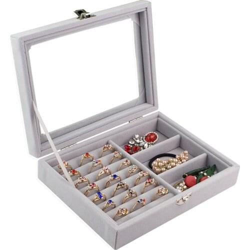Jewelry Display Box Velvet Gray Carrying Case with Glass Cover Jewelry Ring Display Box Tray Holder Storage Box Organizer