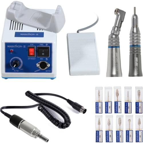 Dental MARATHON 35K Rpm Electric Micromotor Straight Contra Angle Handpiece polishing Kit+10 PCS Carbide Drill Burs