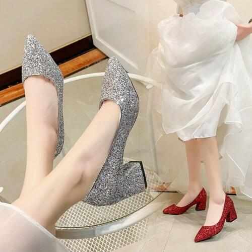Wedding Silver High Heels Dress Shoes Shoes Bridal Bling PumpsSequined Pointed Toe Boat Shoes Ladies Red shoes Big Size 32-42