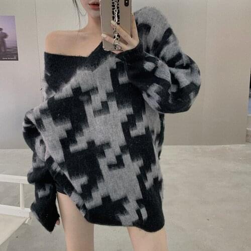 New Spring Sweater Women Pullover Girls Tops Vintage Black Gray Autumn Elegant Female Knitted Outerwear Warm Sweater Oversize