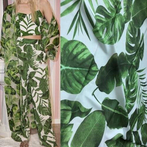 100X145cm Fashion Green Leaves Printed Imitate silk satin or chiffon Fabric For Woman Summer Dress Blouse Pants Sewing DIY