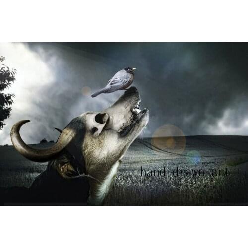 Artist Top hand-painted art on canvas: Lonely bird standing on the head of the beast