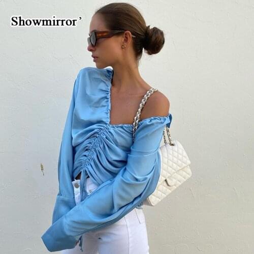 Showmirror Drawstring Ruched Long Sleeve V-Neck Women Tops and Blouses Fashion Autumn Club Party Silky Satin Shirts Crop Tops