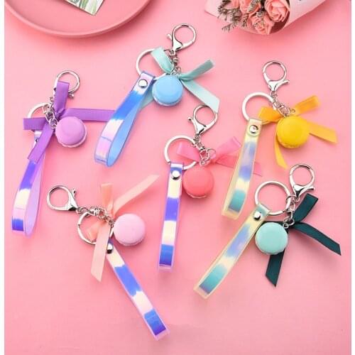 Creative French Cake Macaron Keychain Fashion Ribbon Bow Keychain Personality Laser Bright Leather Rope Backpack Keychain